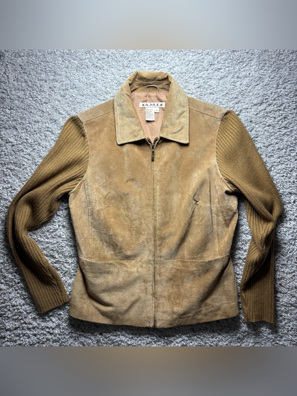 Ami Tan Suede & Knit Sleeve Leather Jacket